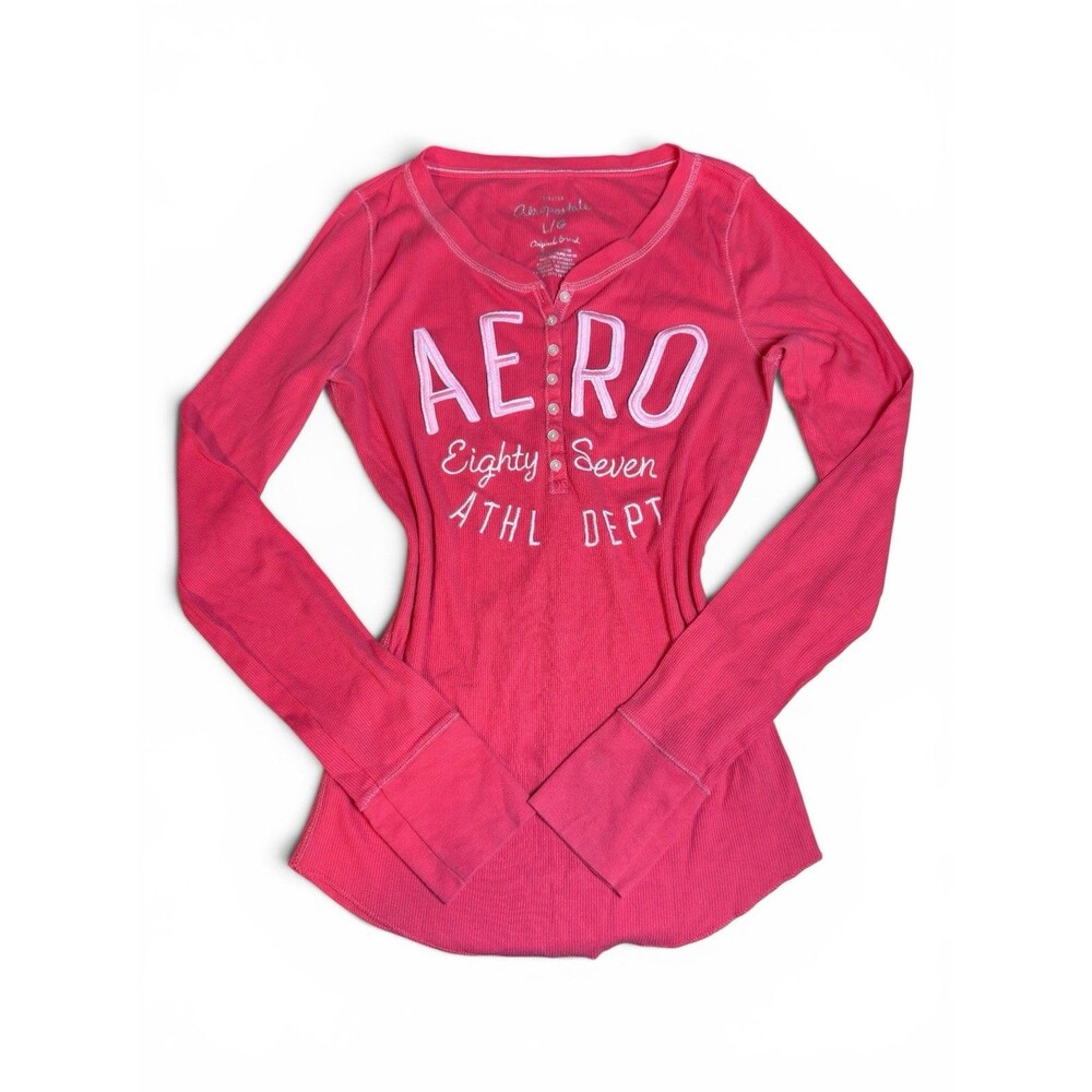 Aeropostale Vintage Y2K Womens Pink Ribbed Henley Top Bella Swan Spell Out Large